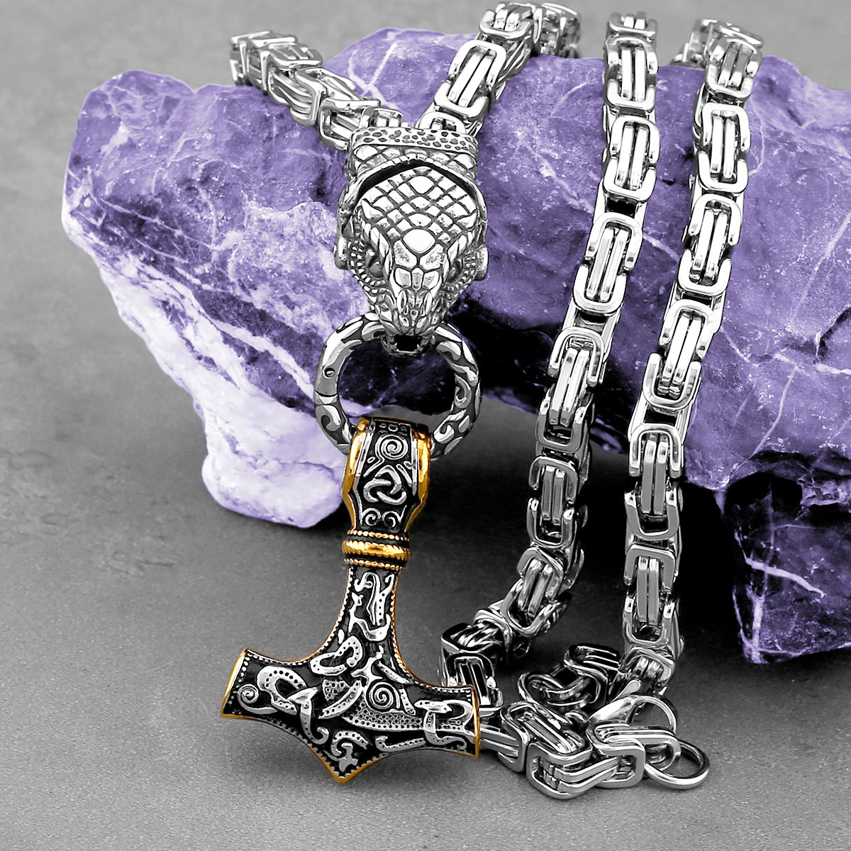 Battle Rope Anchor - Nordic Odin หัวงูสร้อยคอแฟชั่นผู้ชาย Thor's Hammer จี้สแตนเลส